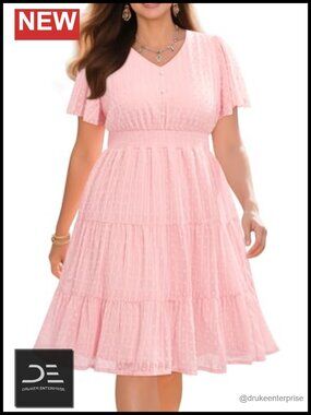 Plus Size Graduation Dress Summer Casual Sundress V-Neck Short Sleeve Elastic